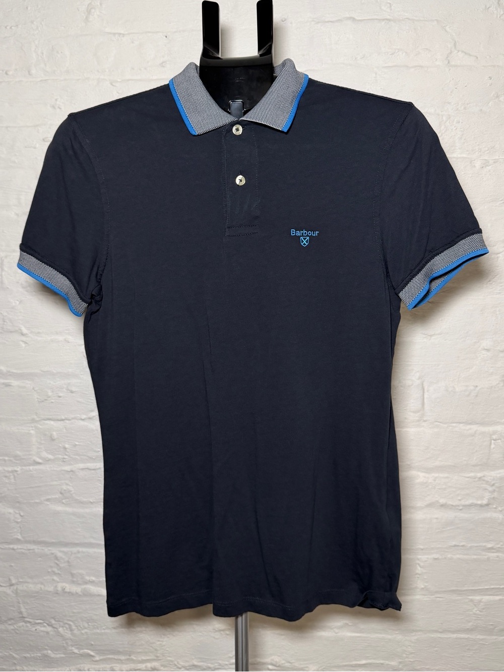 Barbour Navy Blue Polo with Gray and Blue Contrast Trim